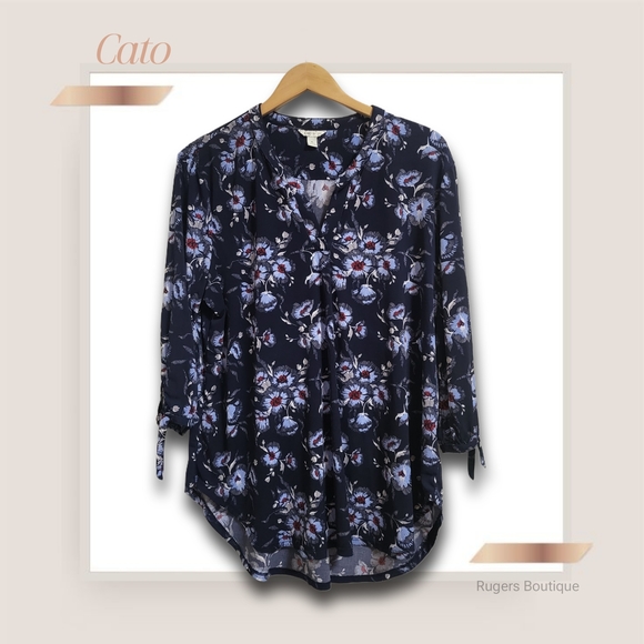 🌿Cato Women's XL Blue Floral Print Tunic Style Peasant Style High Low Cut - Picture 3 of 11